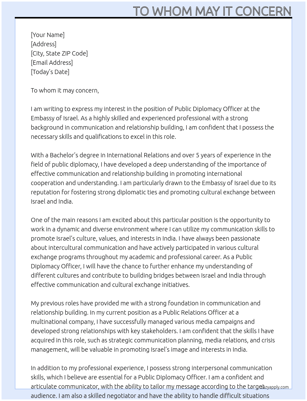Public Diplomacy Officer At Embassy of Israel  Cover Letter