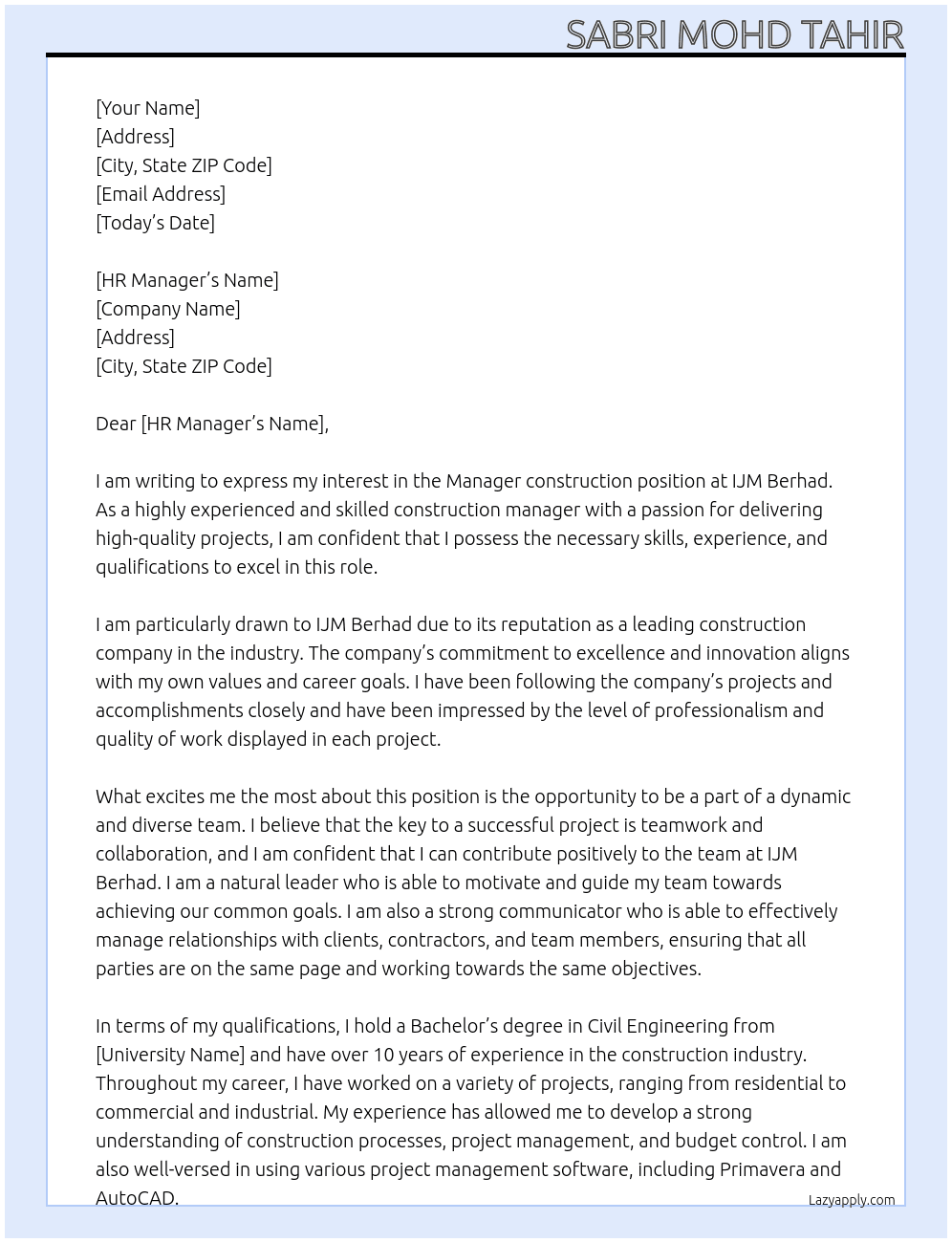 Manager construction  At IJM Berhad Cover Letter
