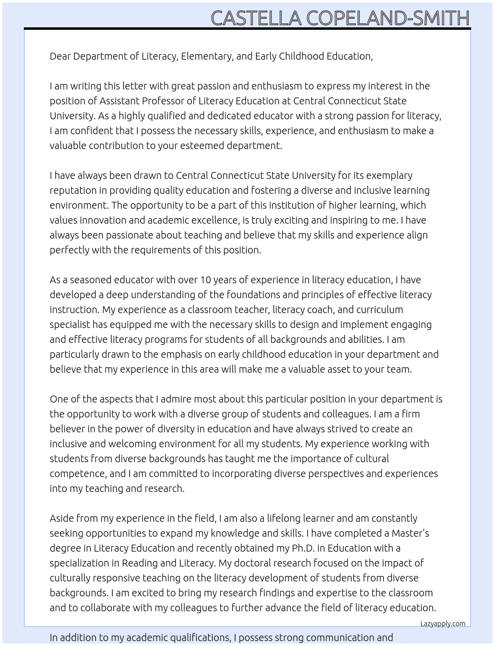 Assistant Professor of Literacy Education At Central Connecticut State University Cover Letter
