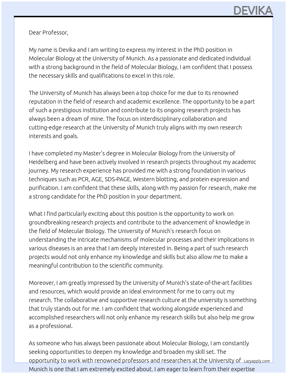 PhD in Molecular Biology At University of Munich Cover Letter