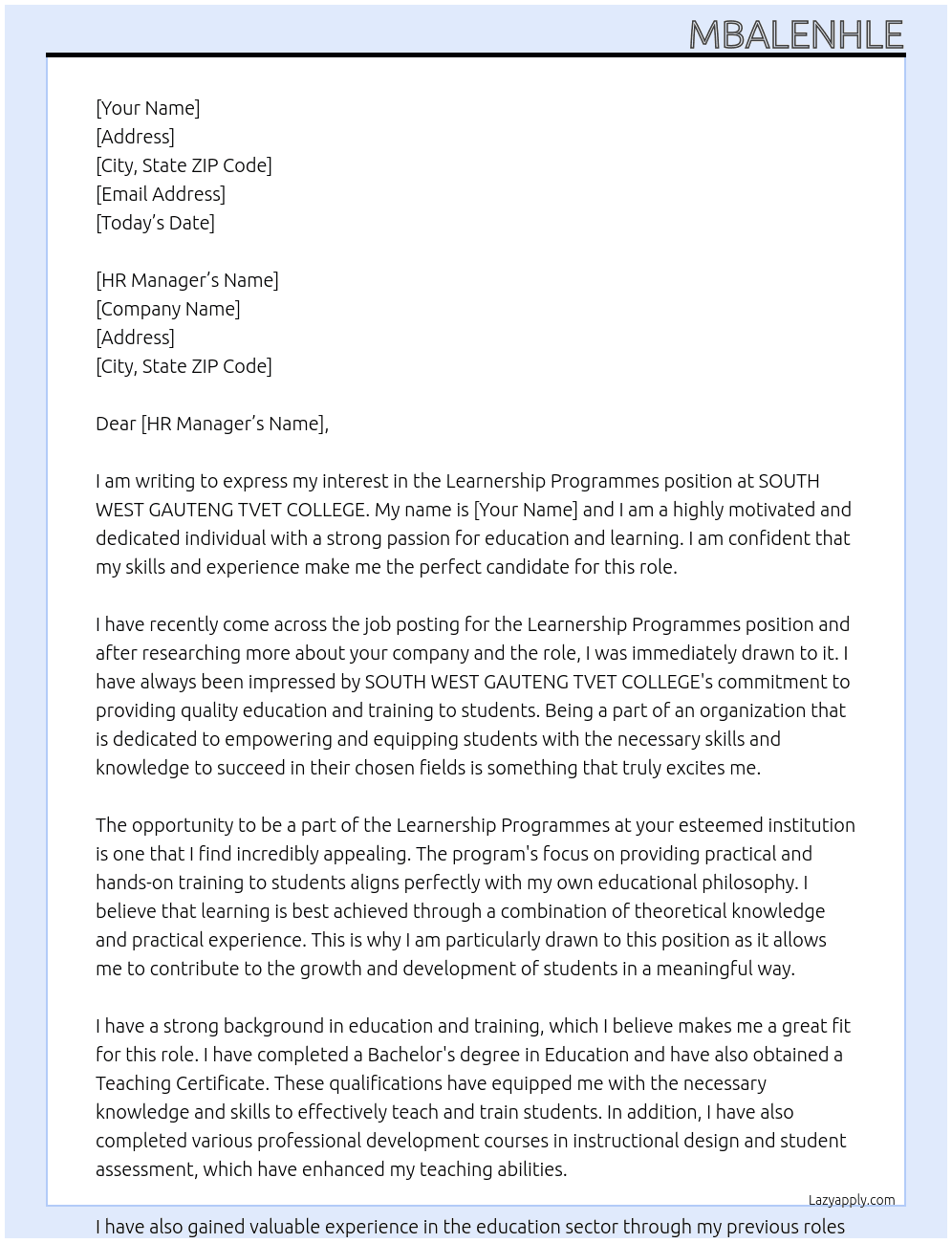 Learnership Programmes At SOUTH WEST GAUTENG TVET COLLEGE Cover Letter