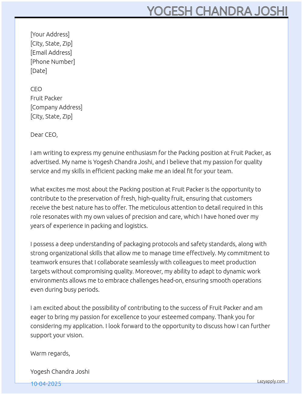 paking At fruit packer Cover Letter