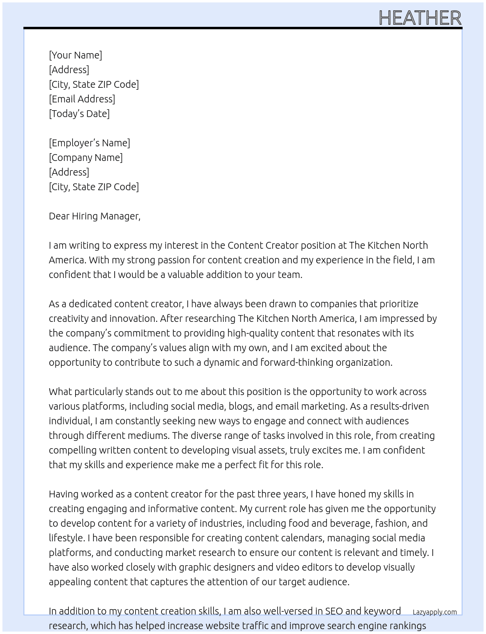 Content Creator At The Kitchen North America Cover Letter