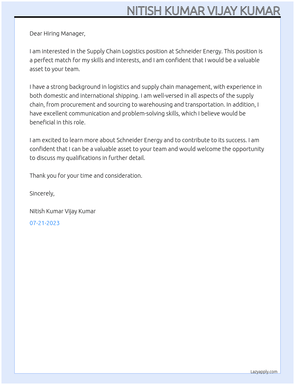 Supply Chain Logistics At Schneider Energy  Cover Letter