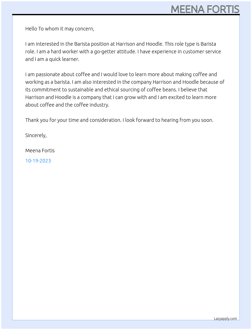 Barista At Harrison and Hoodle Cover Letter