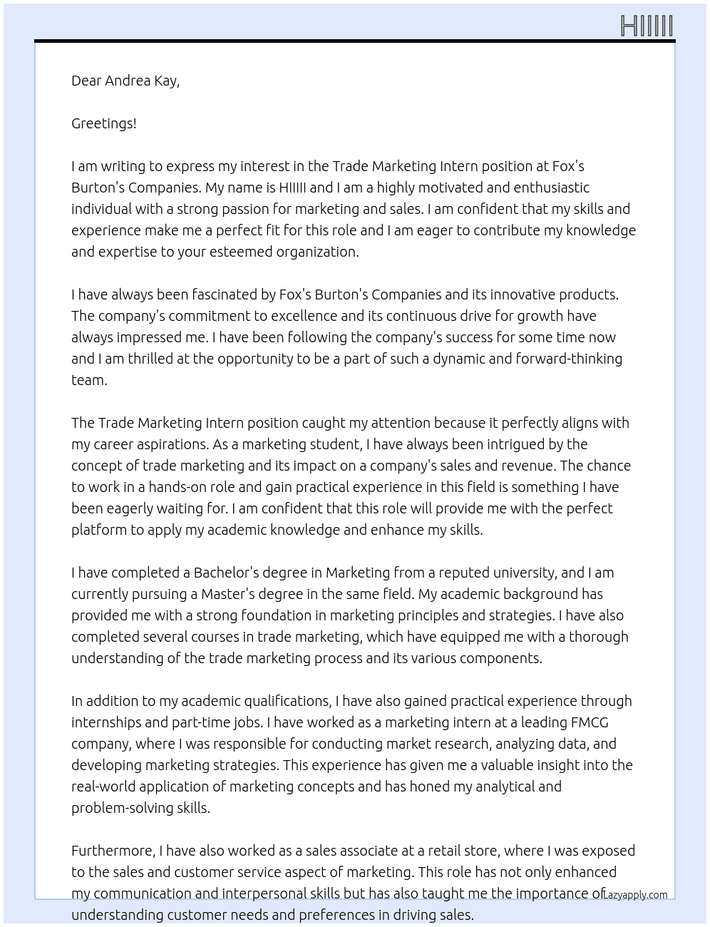 Trade Marketing Intern At Fox's Burton's Companies Cover Letter