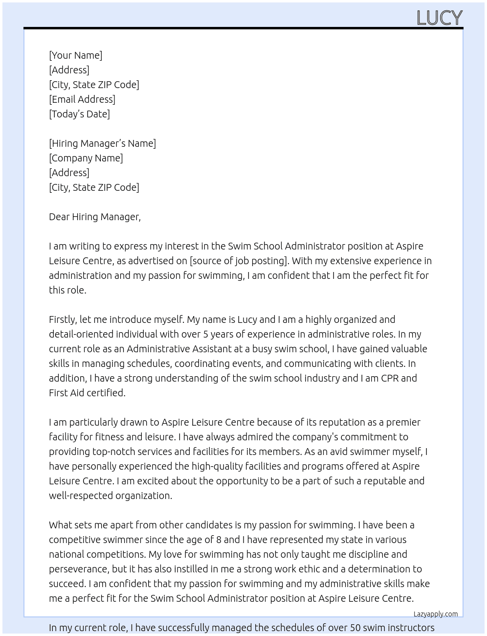 swim school administrator At Aspire Leisure Centre Cover Letter