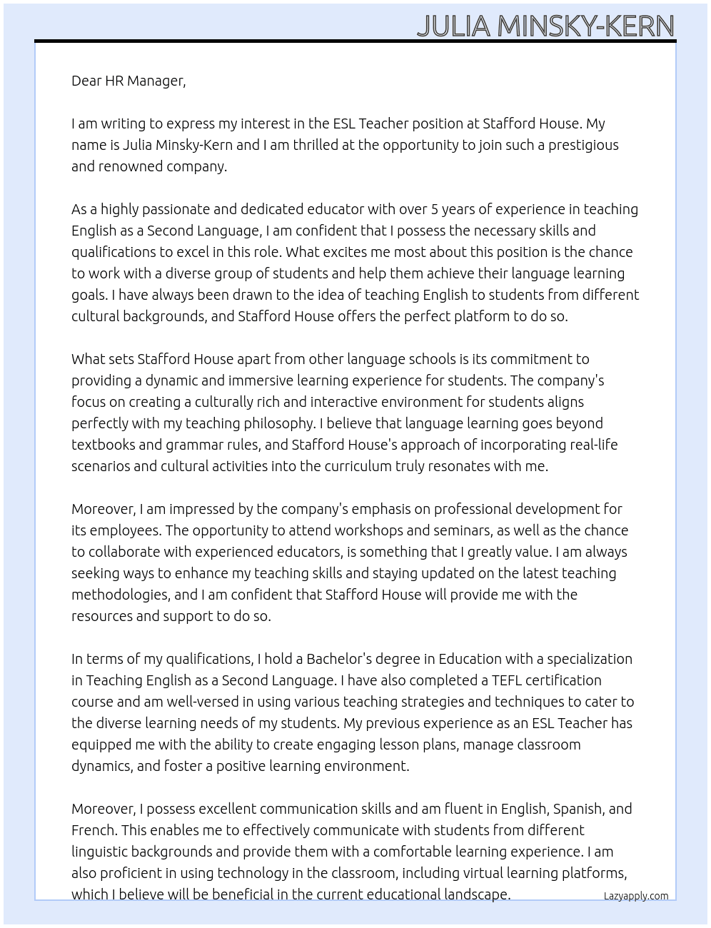 ESL Teacher At Stafford House Cover Letter