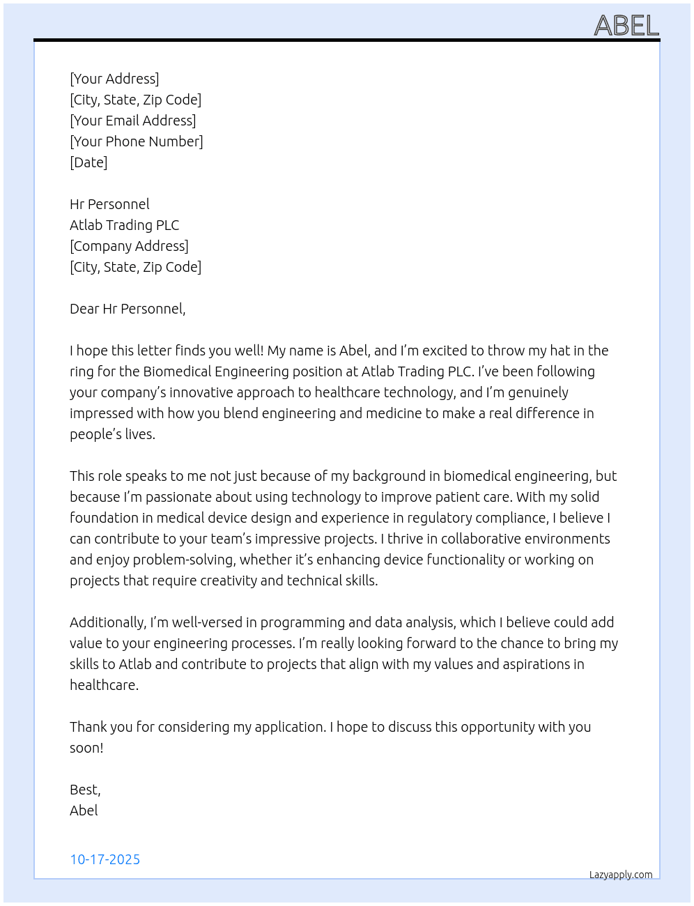 Cover letter for biomedical engineering - LazyApply
