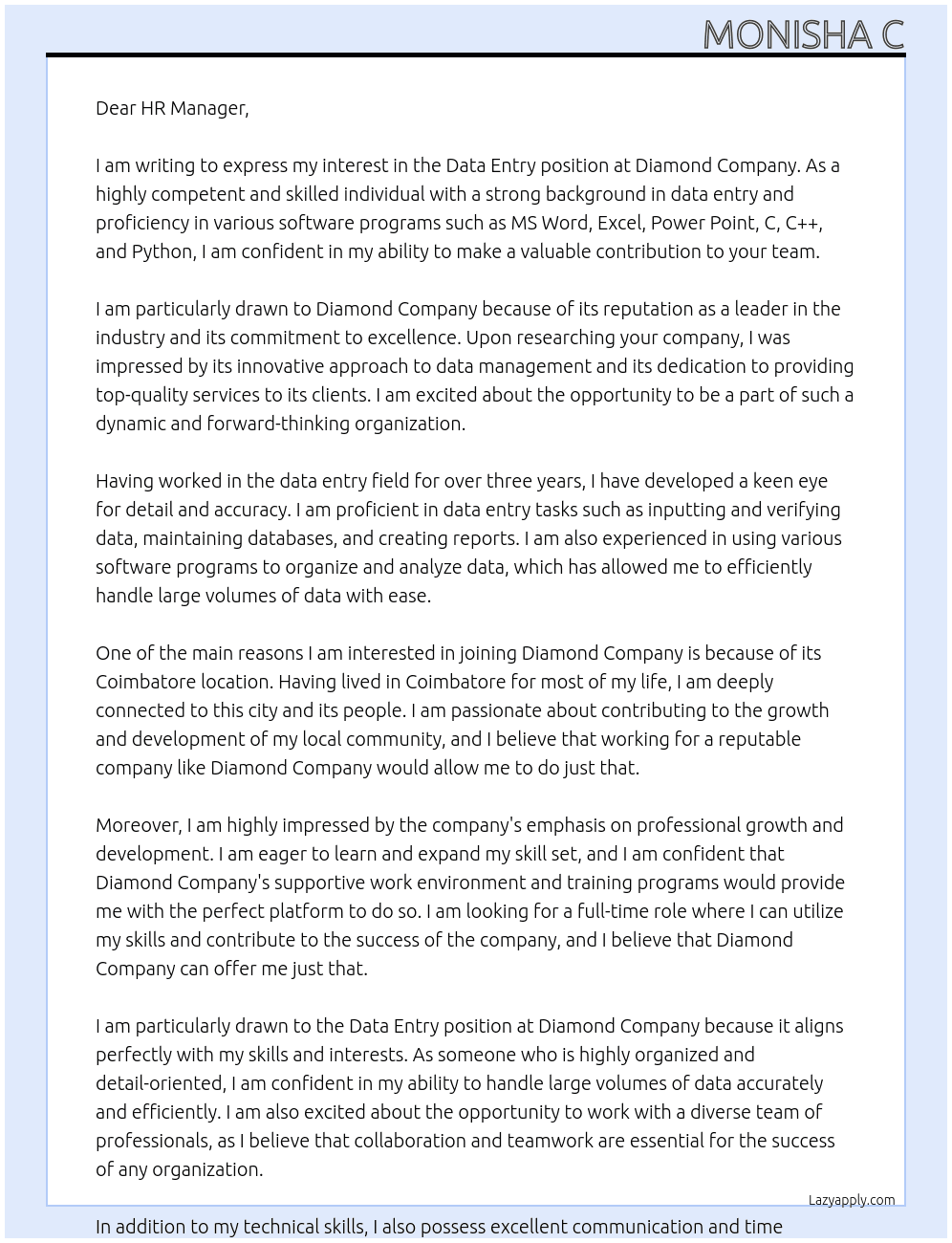 data entry At Diamond Company  Cover Letter