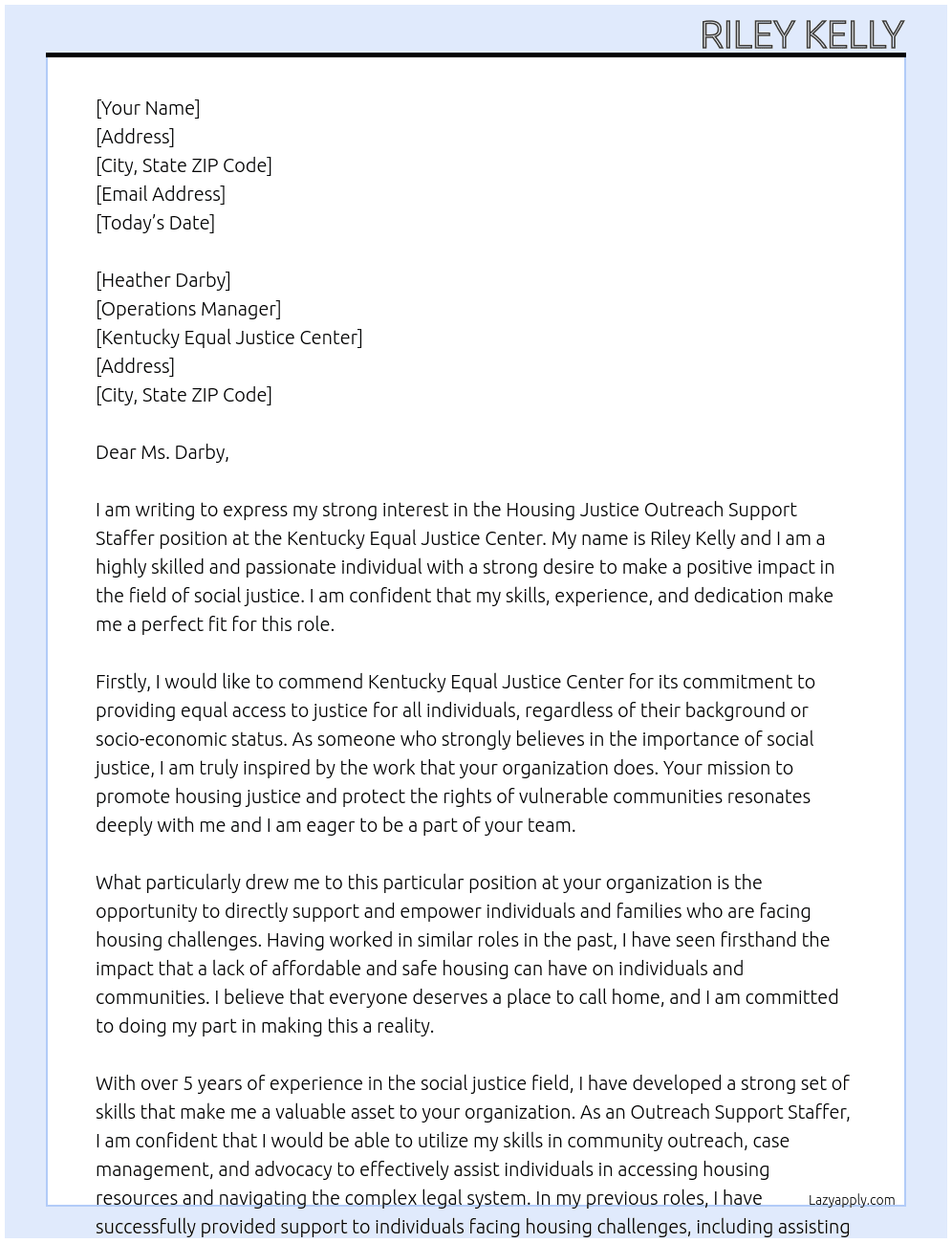 Housing Justice Outreach Support Staffer At Kentucky Equal Justice Center Cover Letter