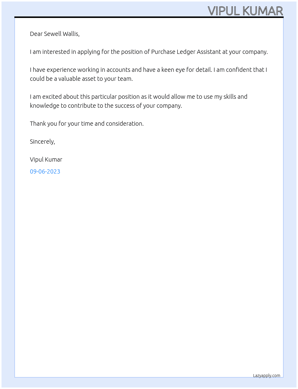 Purchase Ledger Assistant At Sewell Wallis Cover Letter