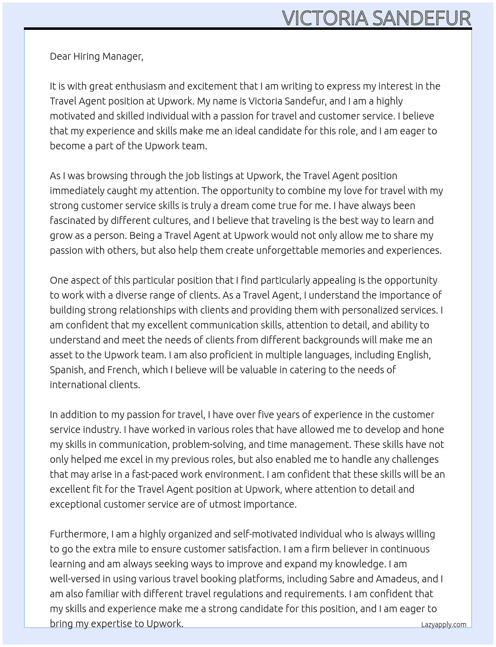 Travel Agent At Upwork Cover Letter