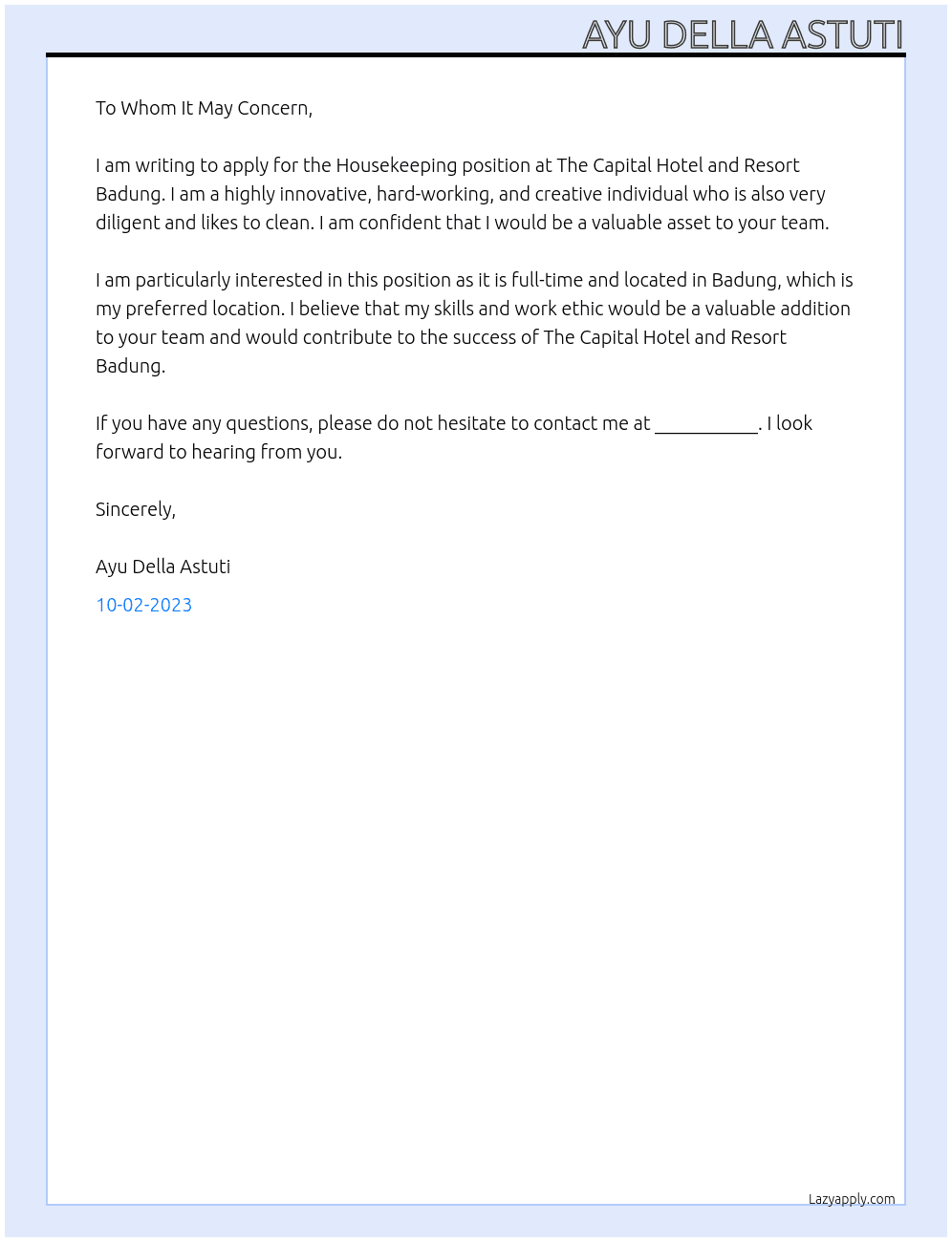 Housekeeping At The Capital Hotel and Resort Badung Cover Letter