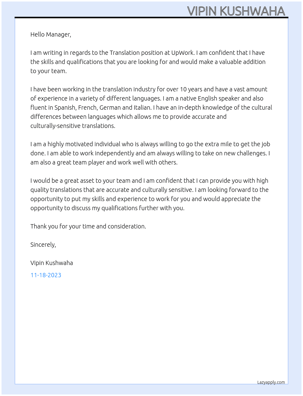 Translation  At UpWork  Cover Letter