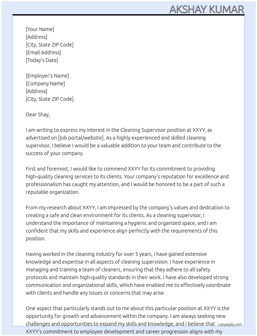 Cleaning Supervisor  At XXYY Cover Letter