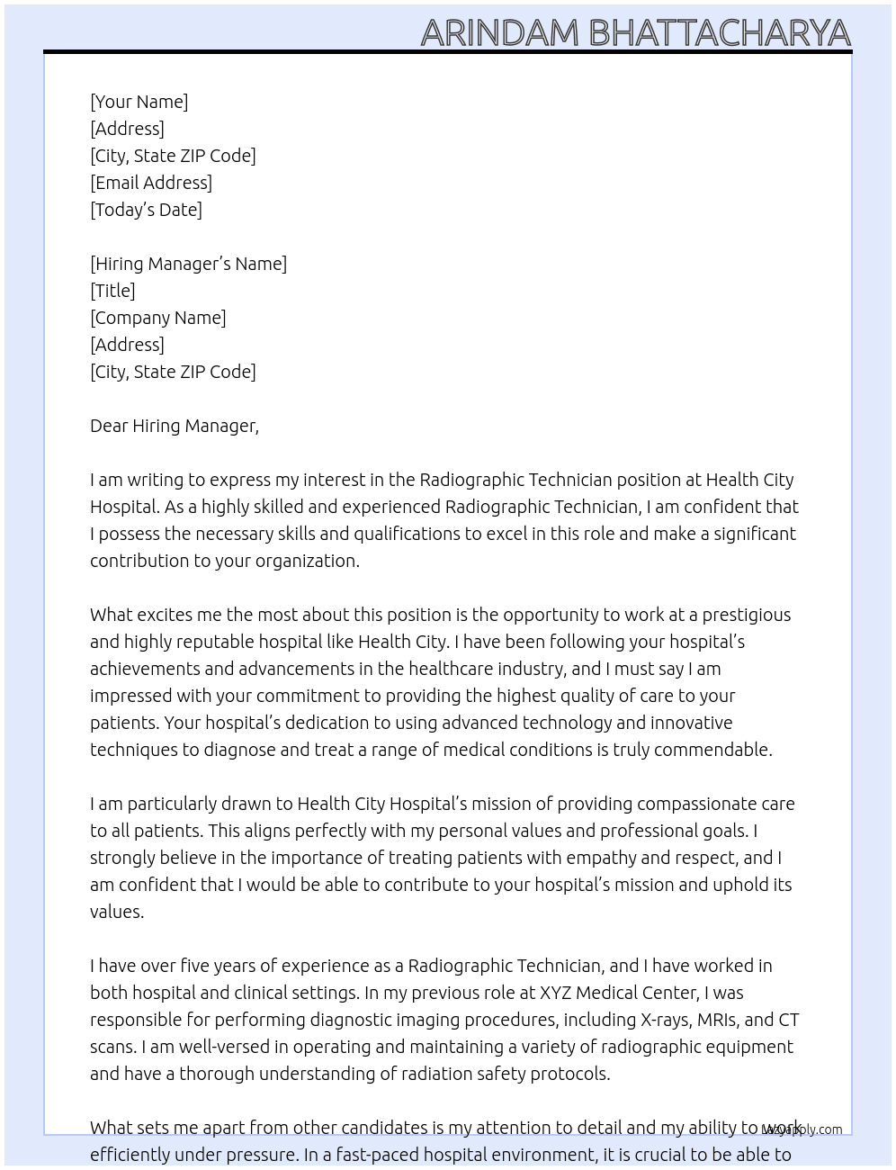 Radiographic Technecian At Health city hospital  Cover Letter