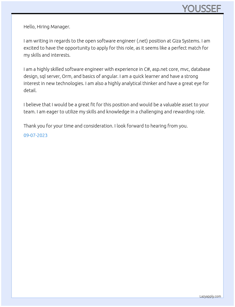 Software engineer (.net) At Giza systems Cover Letter