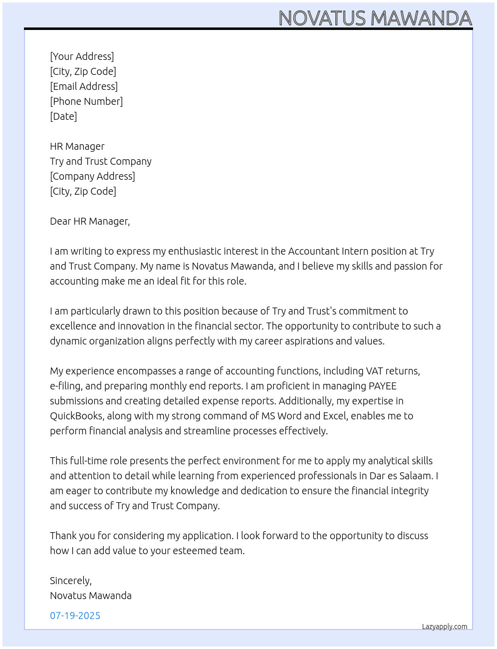 ACCOUNTANT INTERN At TRY AND TRUST COMPANY Cover Letter