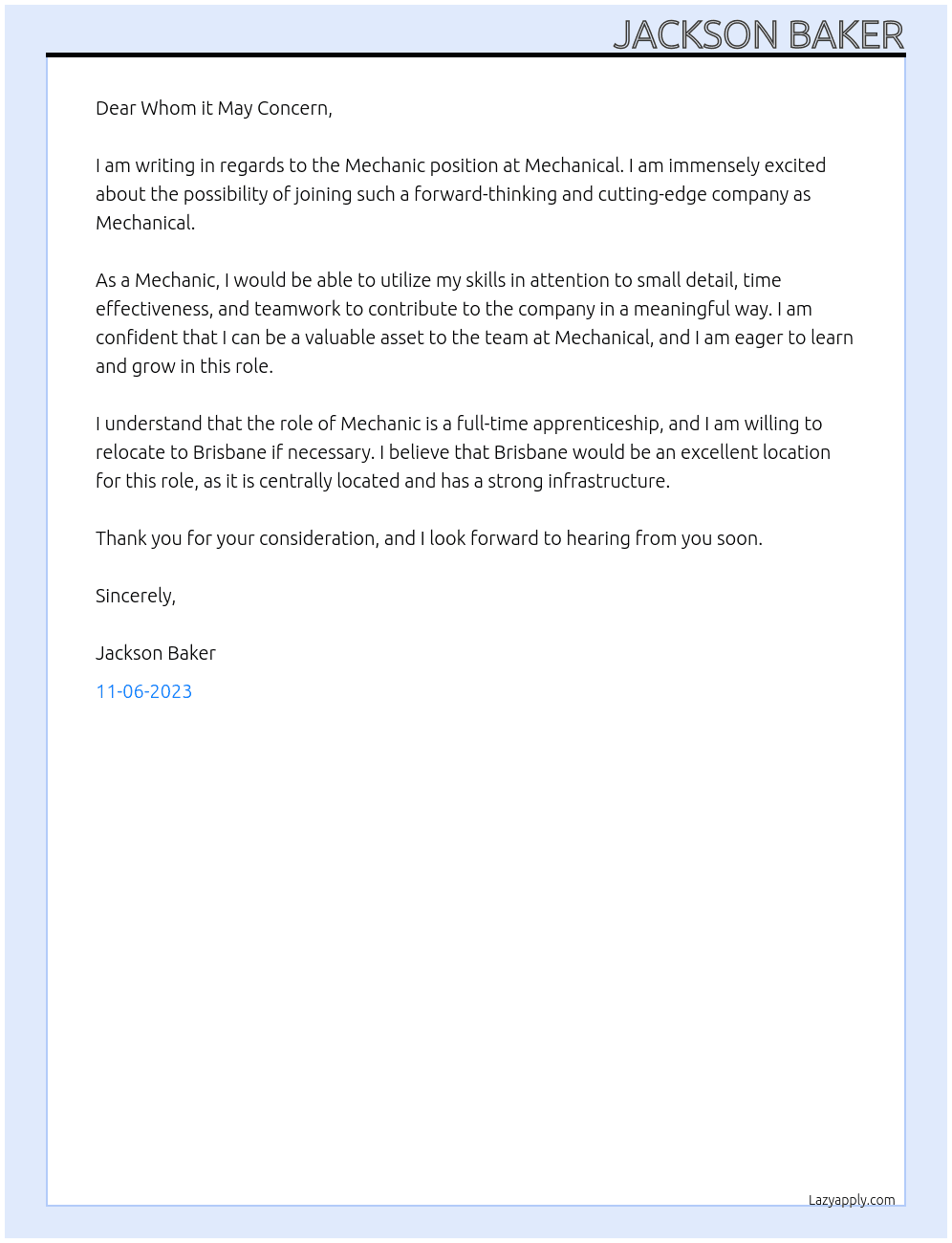 Mechanic At Mechanical  Cover Letter