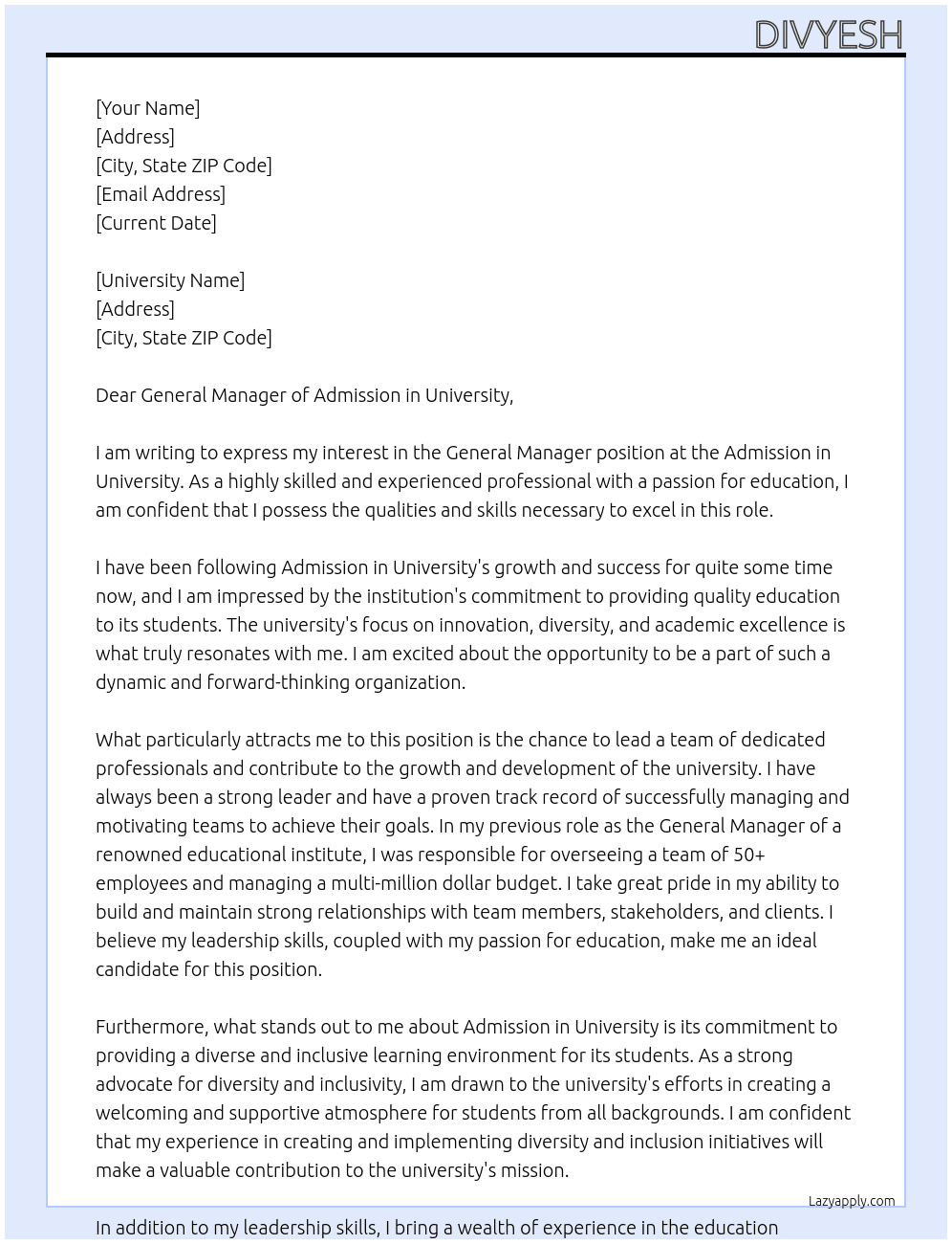 General Manager At Admission in University Cover Letter
