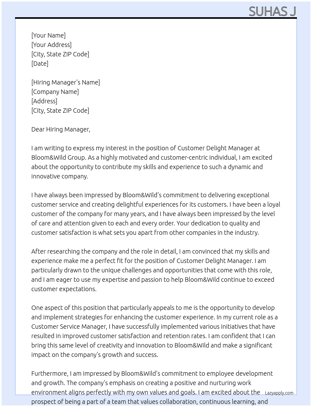 Customer Delight Manager At Bloom&Wild Group Cover Letter