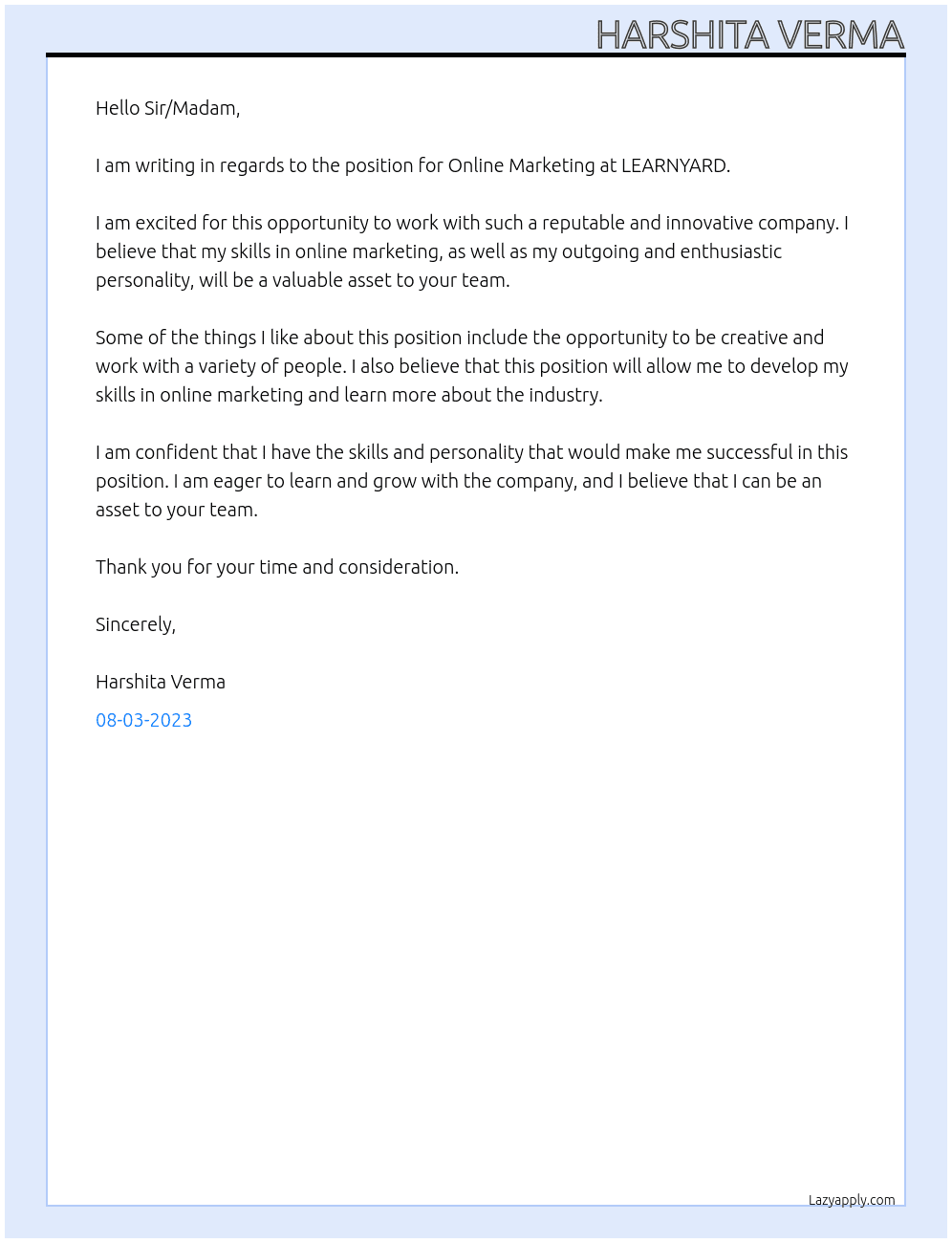 Online Marketing  At LEARNYARD Cover Letter
