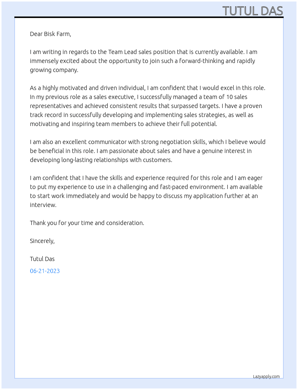 Team Lead sales At Bisk Farm Cover Letter