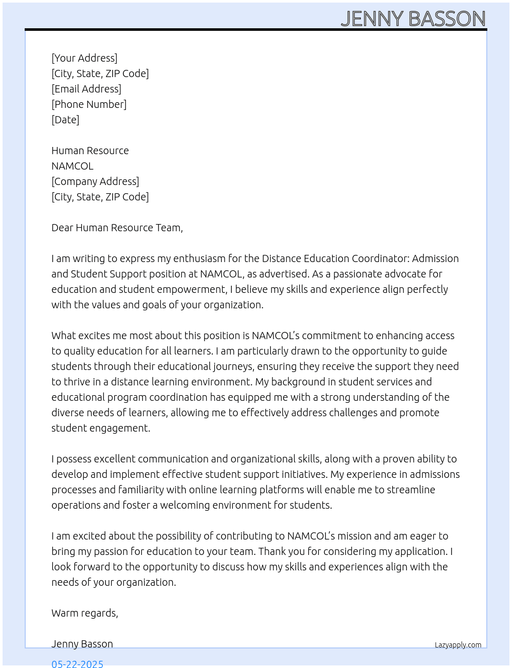 DISTANCE EDUCATION COORDINATOR: ADMISSION AND STUDENT SUPPORT At NAMCOL Cover Letter