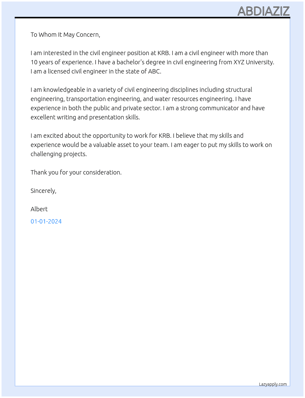 Civil engineer At KRB Cover Letter
