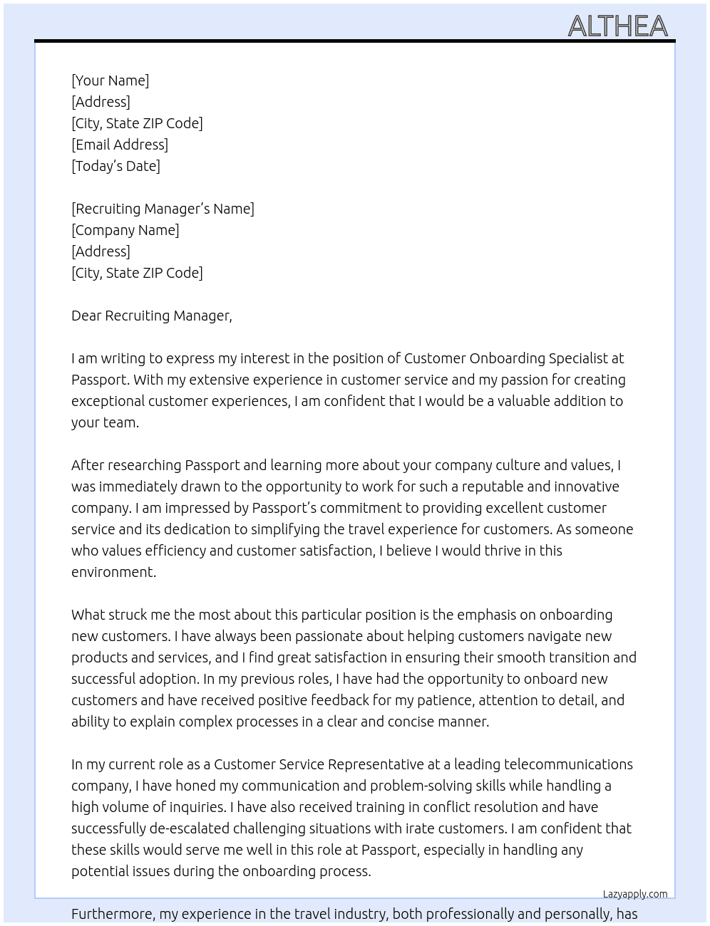 Customer onborarding specialist  At Passport Cover Letter