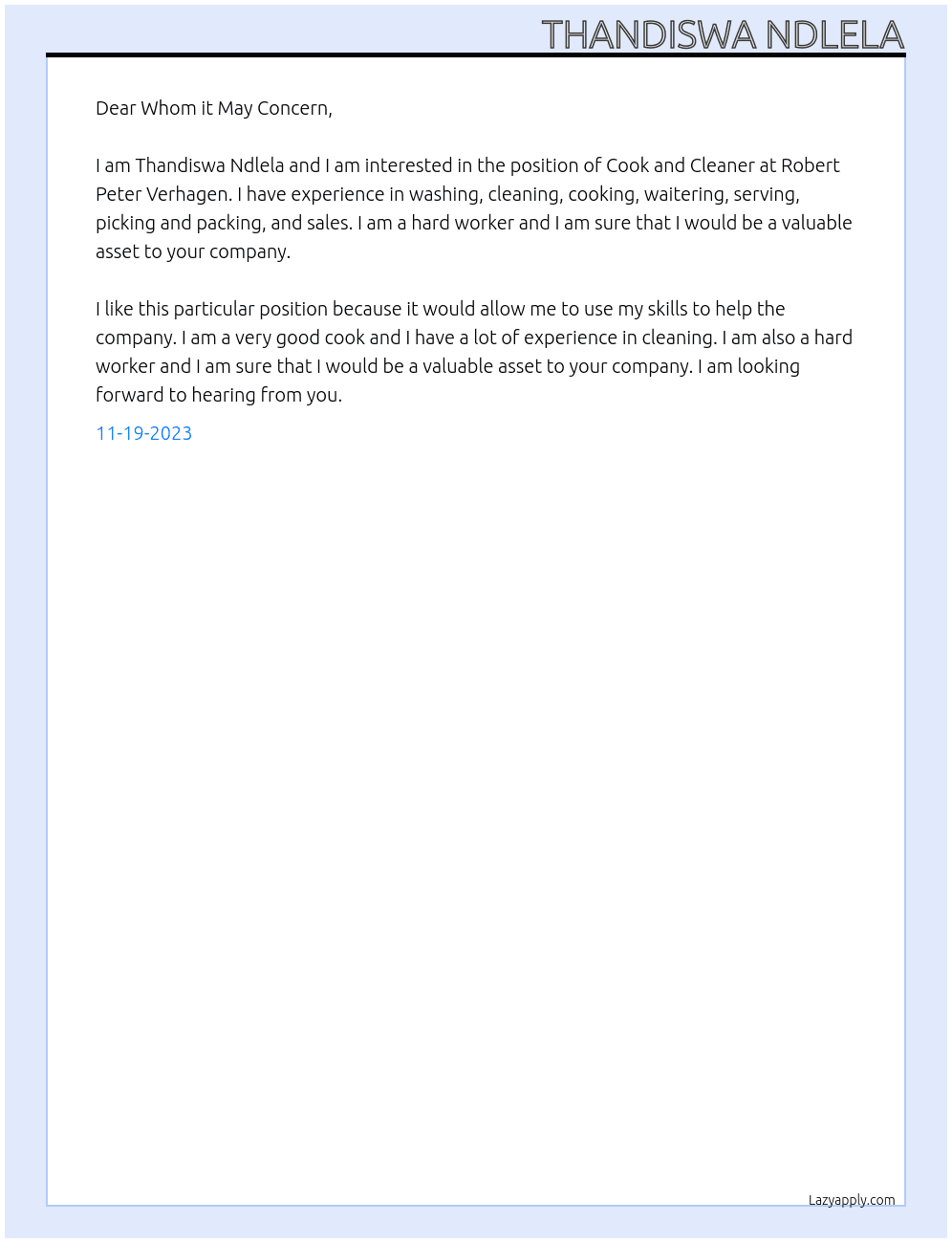 Cook and Cleaner At Robert Peter Verhagen Cover Letter