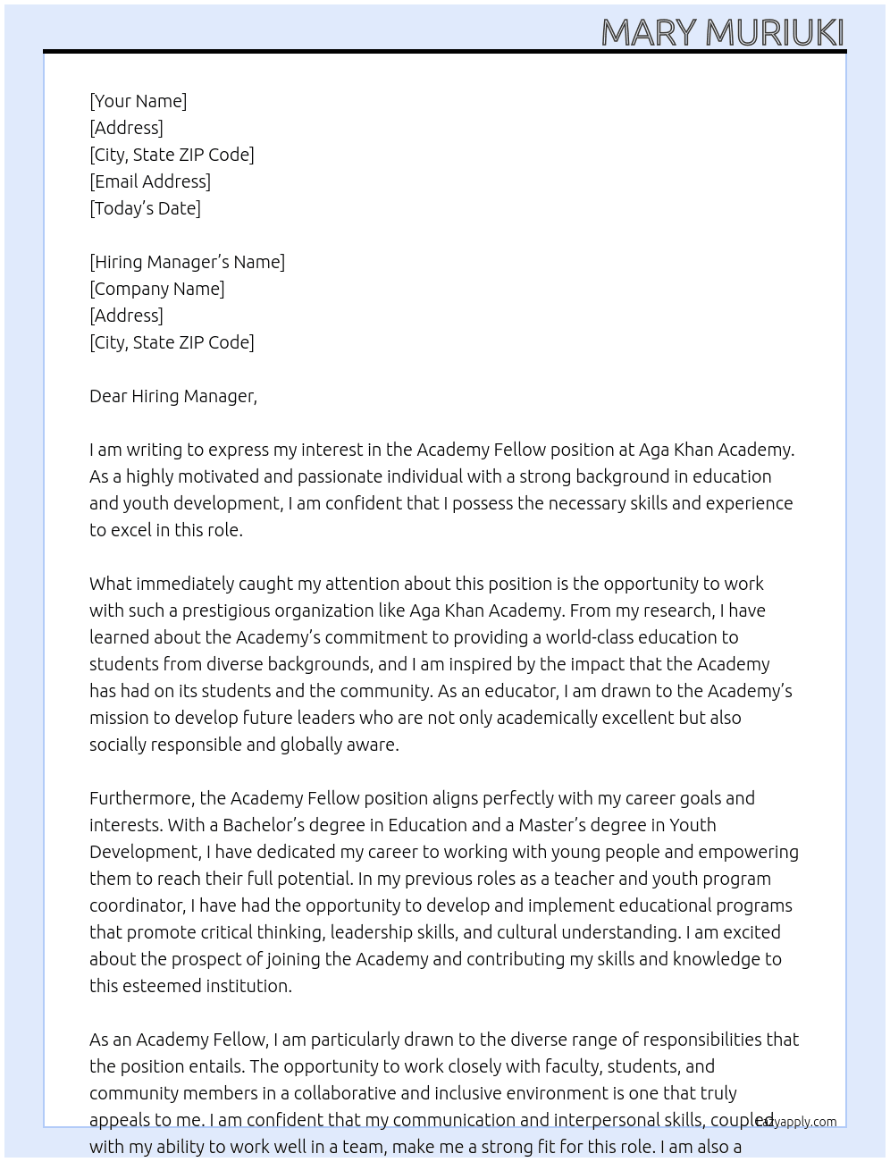 Academy fellow At Aga Khan Academy Cover Letter