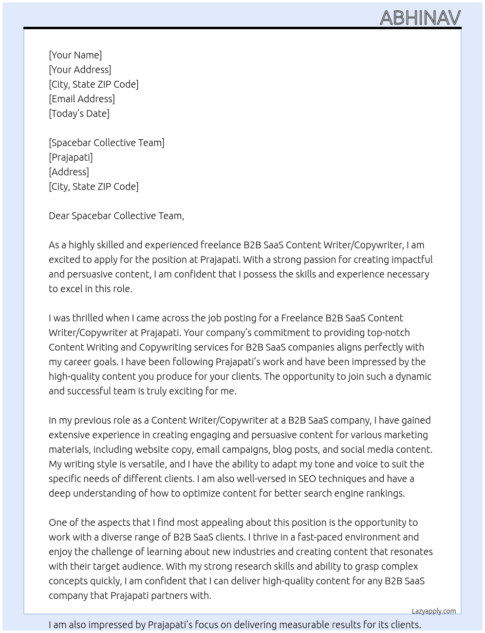 Freelance B2B SaaS Content Writer/Copywriter At Prajapati Cover Letter