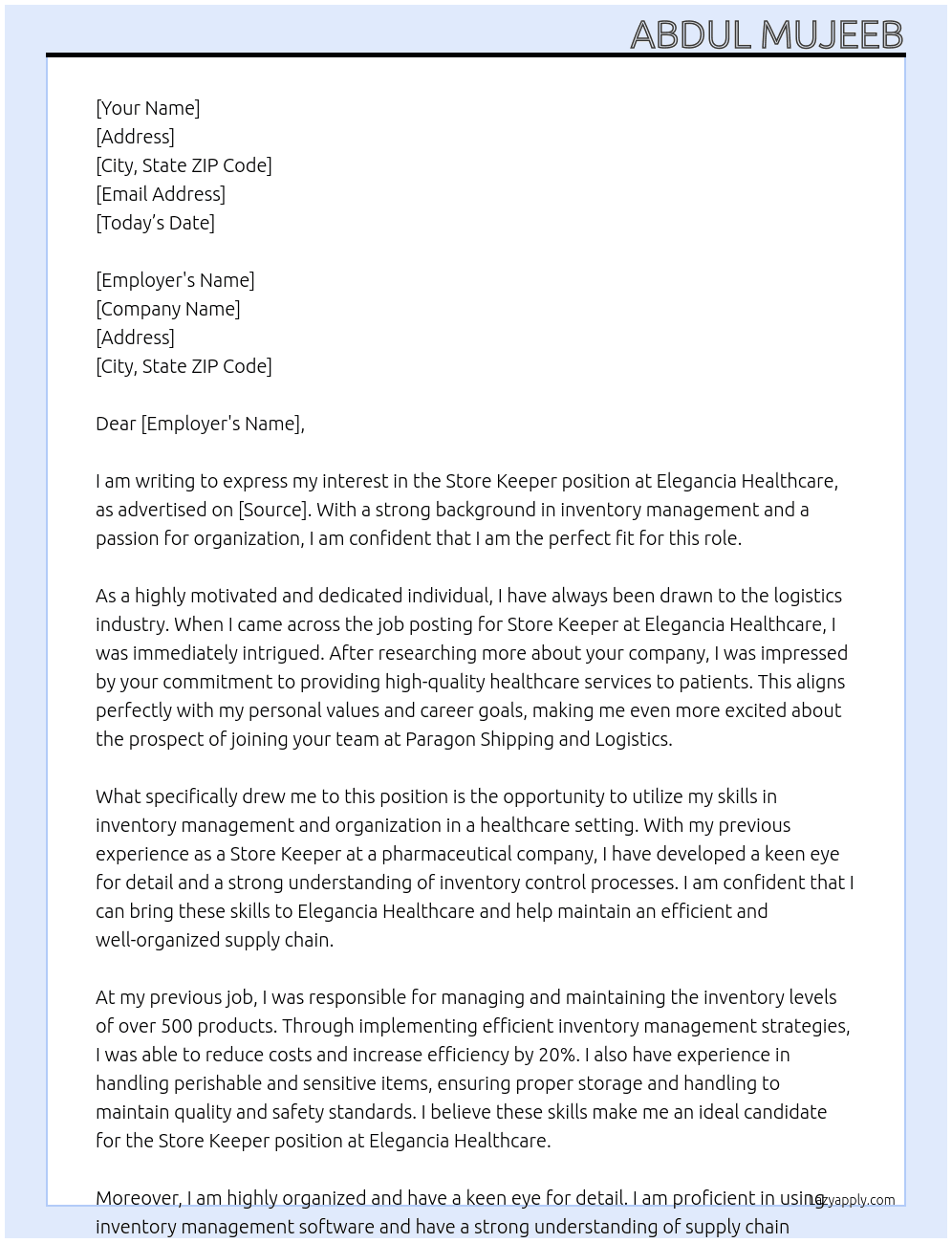 store keeper At paragon shipping and logistics Cover Letter