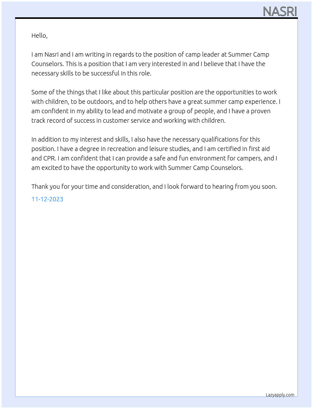 camp leader At Summer Camp Counselors Cover Letter