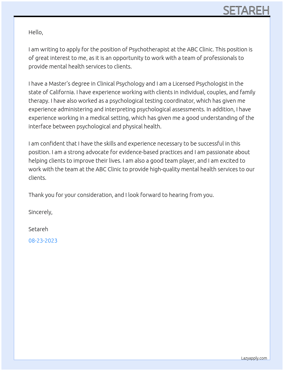 Psychotherapist At ABC clinic Cover Letter