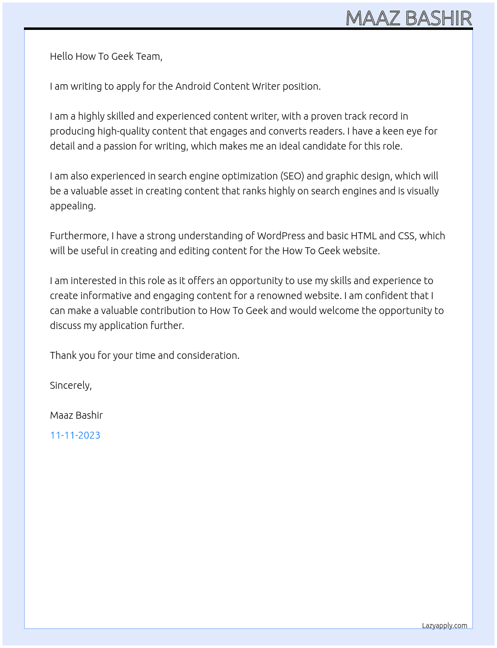 Android Content Writer At How To Geek Cover Letter
