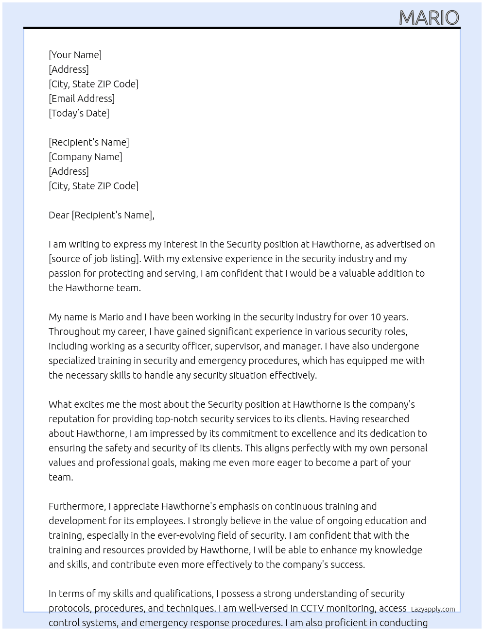 Security At Hawthorne Cover Letter