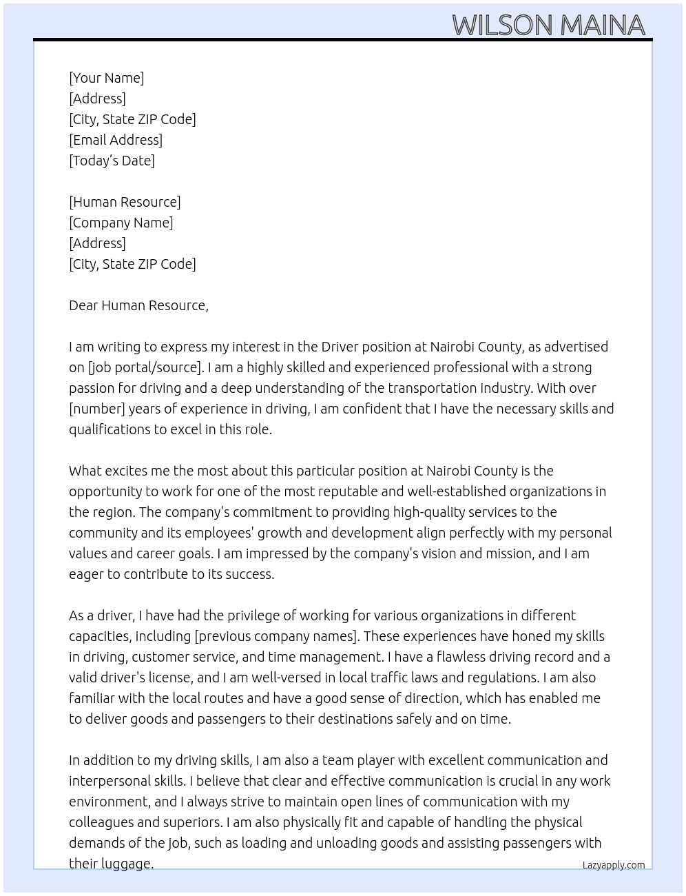 Driver At Nairobi county Cover Letter