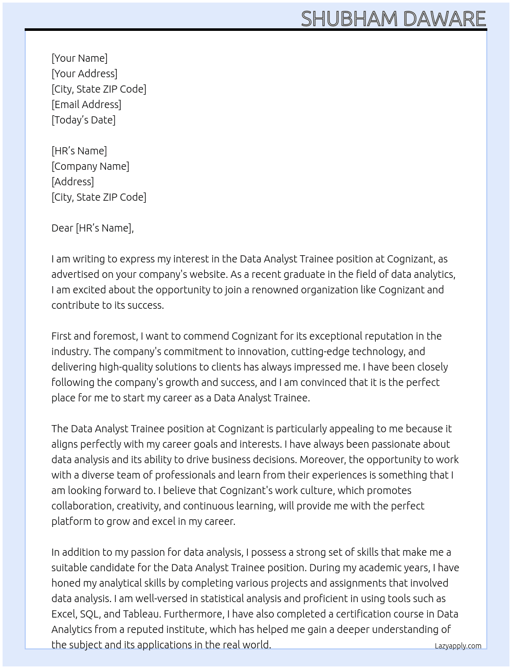 Data Analyst Trainee At Cognizant Cover Letter