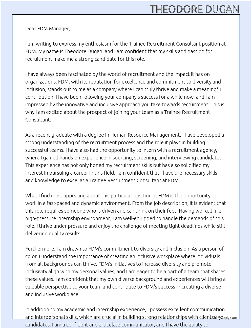 Trainee Recruitment Consultant At FDM Cover Letter