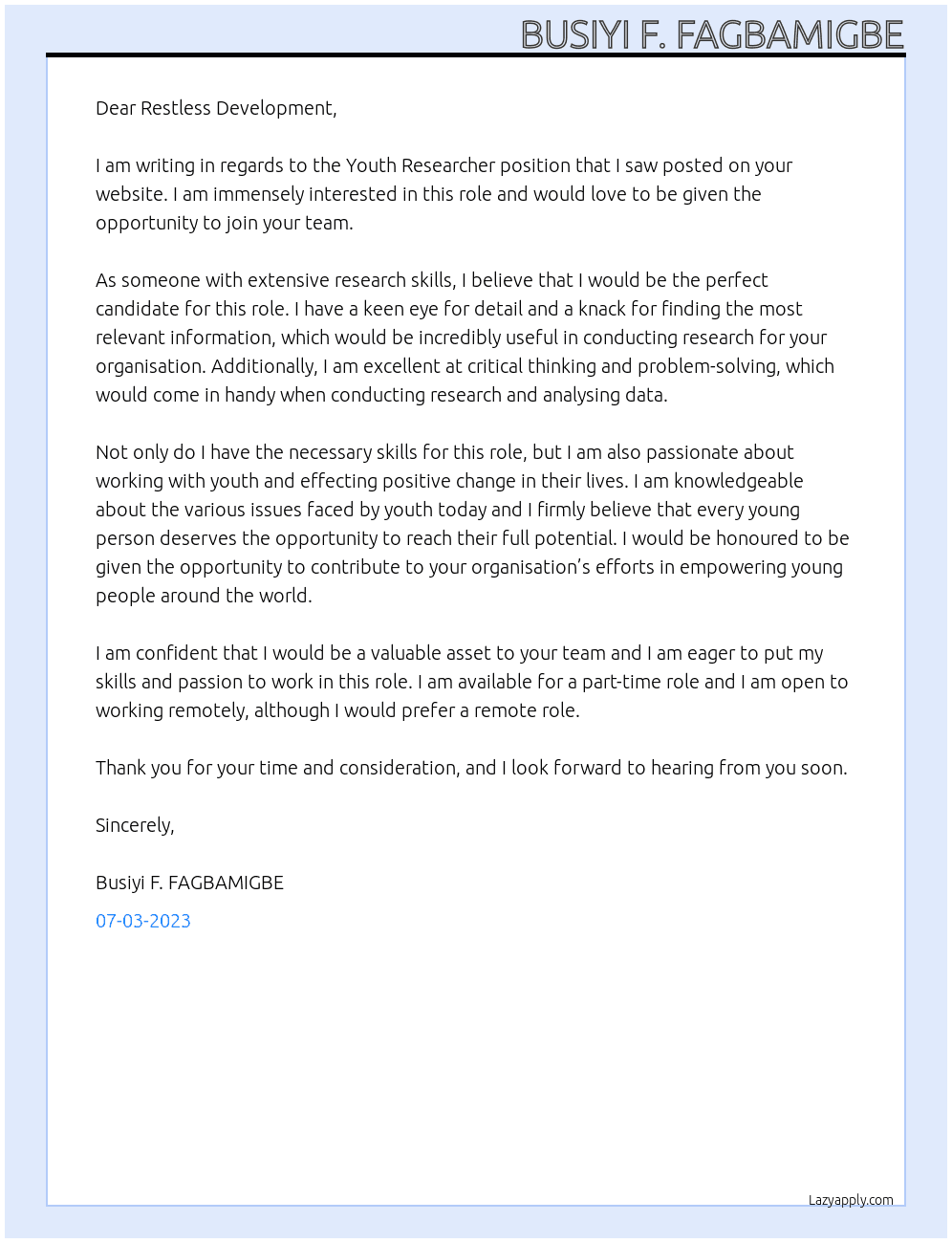 Youth Researcher At Restless Development Cover Letter