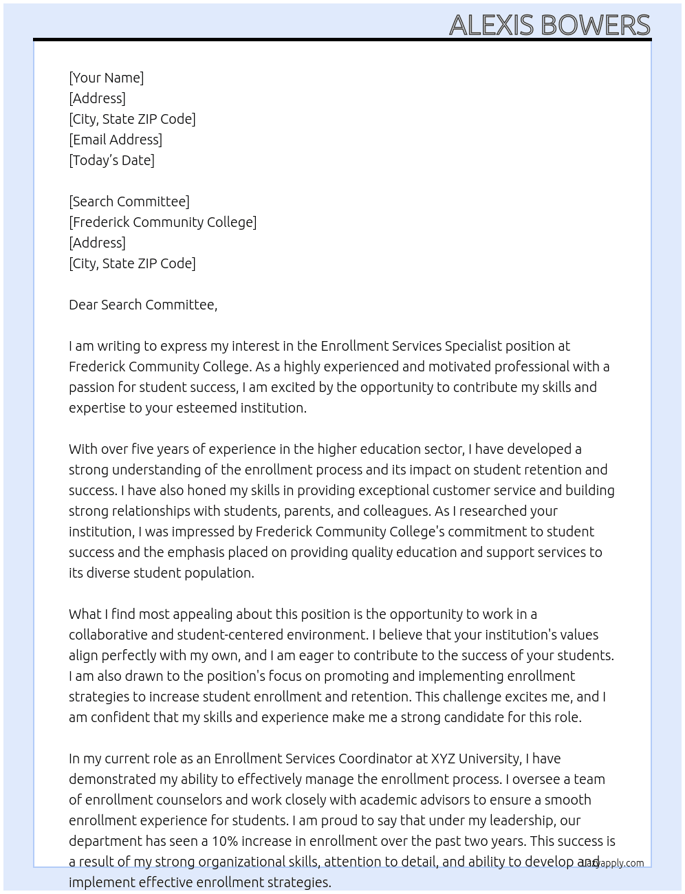 Enrollment Services Specialist At Frederick Community College Cover Letter