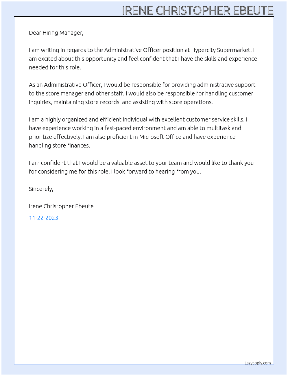 Administrative Officer  At Hypercity Supermarket  Cover Letter