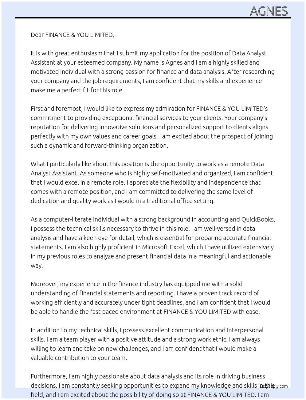 Data Analyst Assistant At FINANCE & YOU LIMITED Cover Letter