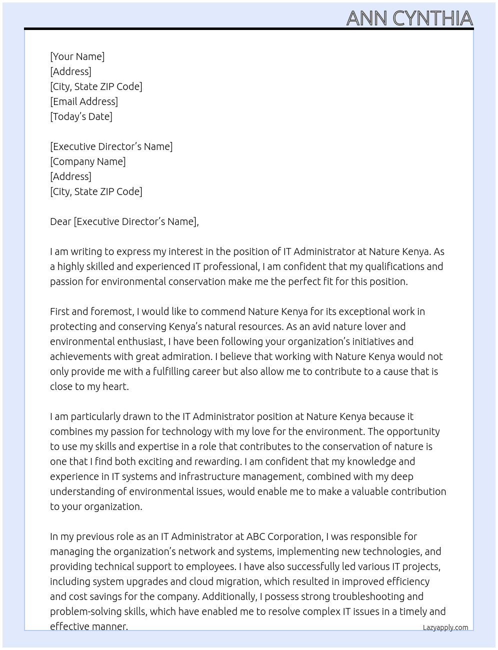 IT Administrator At Nature Kenya Cover Letter