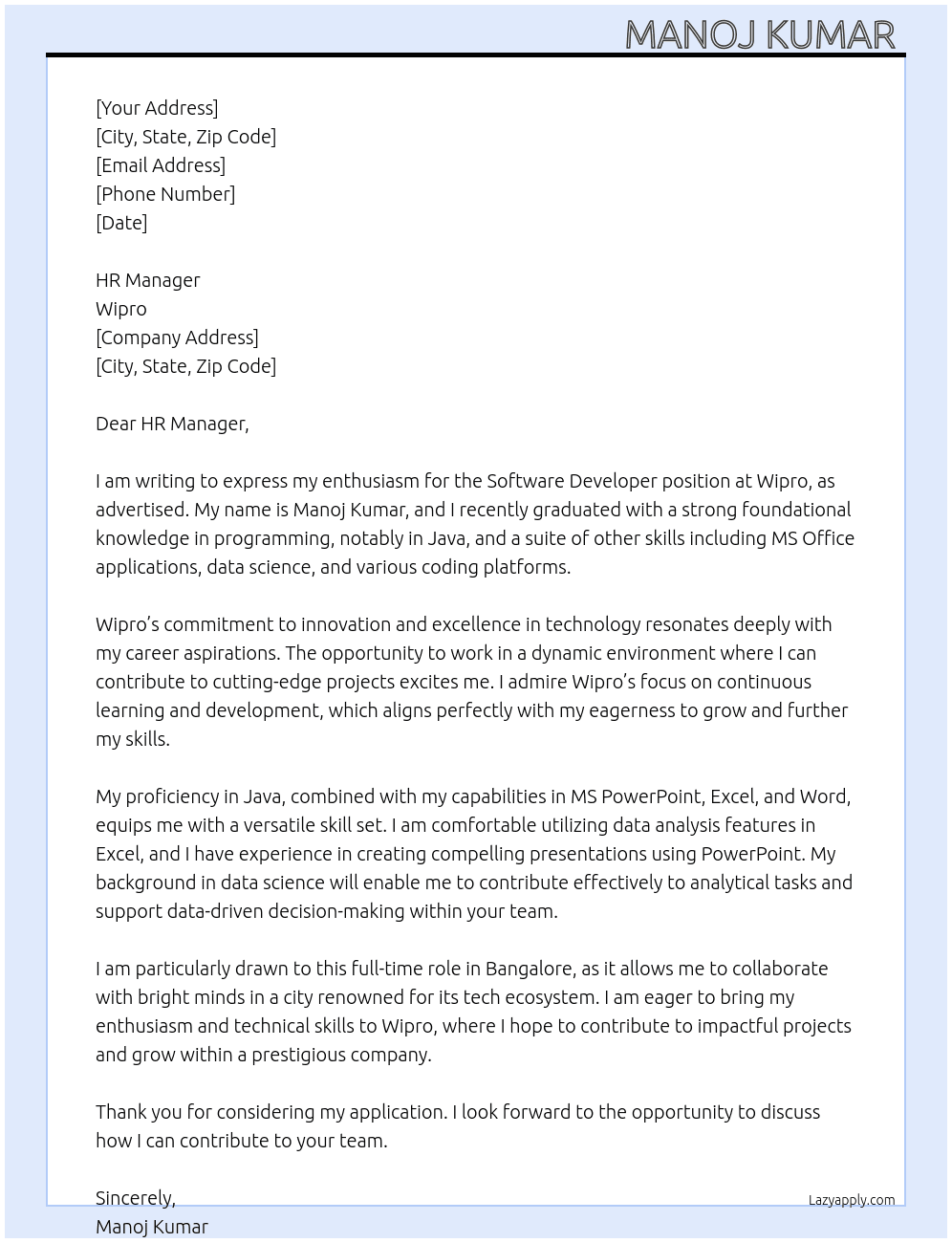 Software developer, Fresher  At Wipro  Cover Letter