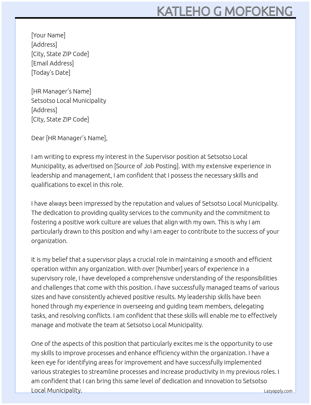 Supervisor At Setsotso Local Municipality  Cover Letter