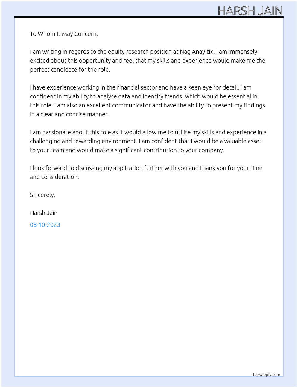 equity research At Nag anayltix Cover Letter